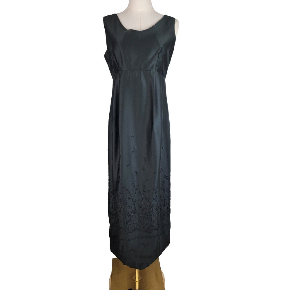 OLIAN Maternity Women Black Taffeta Beaded Floral Empire Waist Long Gown Dress